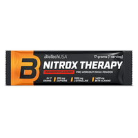 Praful de băutură Nitrox Therapy de la BioTechUSA este destinat utilizării înaintea antrenamentelor, conține zahăr și îndulcitor, aminoacizi, vitamine și substanțe minerale, cu 200 mg de cofeină în doza zilnică.