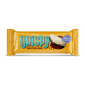BioTechUSA Crispy Protein Bar - Baton proteinic cu aromă de lapte, crocant, cu talpă de glazură cu cacao, cu extrudat de cazeină, bucăți de biscuiți, zaharuri și îndulcitori, fără gluten.