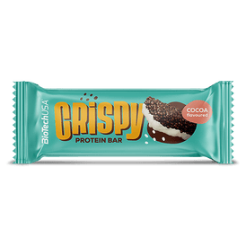 BioTechUSA Crispy Protein Bar - Baton proteinic cu aromă de cacao, crocant, cu talpă de glazură albă și cu extrudat de cazeină, bucăți de biscuiți, zaharuri și îndulcitori, fără gluten.