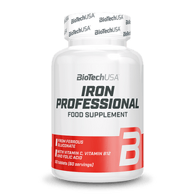 Iron Professional este un supliment alimentar vegan sub formă de comprimate, care conține fier, vitamina C, vitamina B12 și acid folic, destinat suplimentării și completării fierului. 