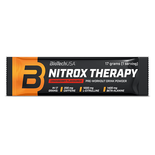 Praful de băutură Nitrox Therapy de la BioTechUSA este destinat utilizării înaintea antrenamentelor, conține zahăr și îndulcitor, aminoacizi, vitamine și substanțe minerale, cu 200 mg de cofeină în doza zilnică.