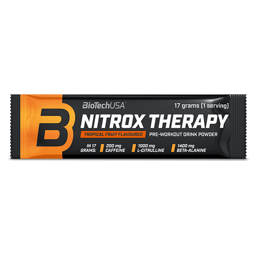 Praful de băutură Nitrox Therapy de la BioTechUSA este destinat utilizării înaintea antrenamentelor, conține zahăr și îndulcitor, aminoacizi, vitamine și substanțe minerale, cu 200 mg de cofeină în doza zilnică.